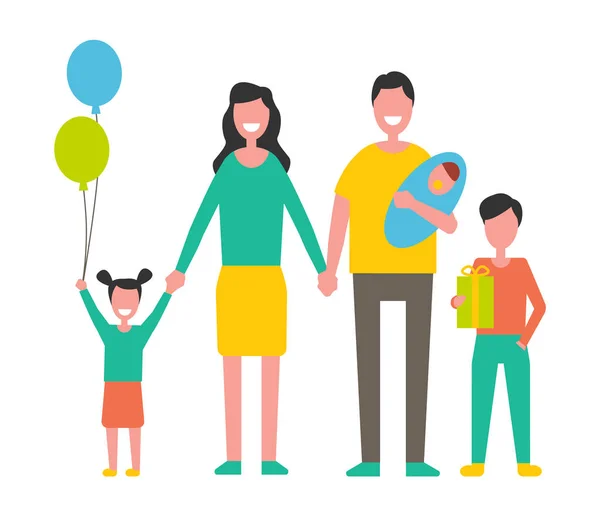 Rodziny z dziećmi, przytrzymanie pudełko i balony — Wektor stockowy