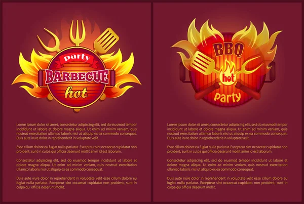 Distintivi di bruciatura dei manifesti vettoriali del partito caldo del barbecue — Vettoriale Stock