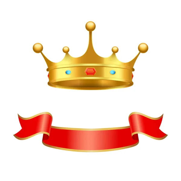Coroa decorada e elementos de heráldica de fita de seda — Vetor de Stock