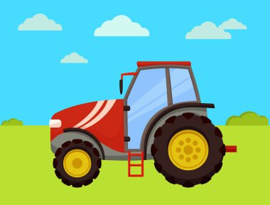 Alan çiftlikte traktör makine. Tarım ve Hayvancılık kullanılan makine. Agro otomobil büyük tekerlekli arazi yeşil çim vektör ile sürüş