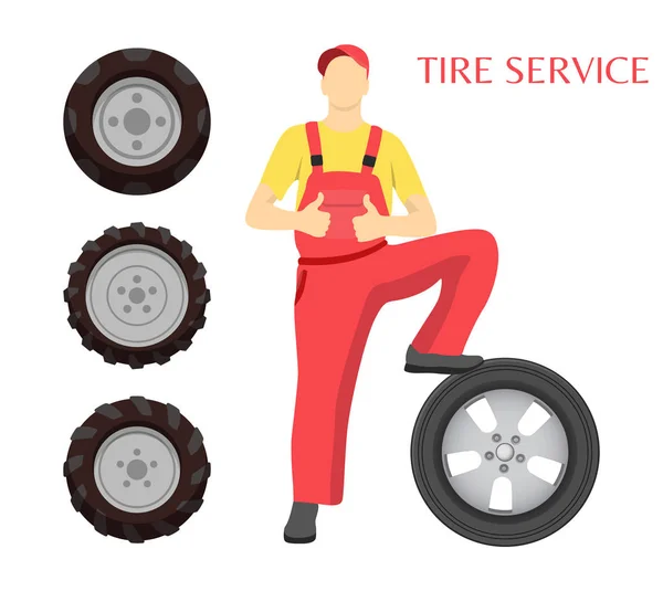 Poster di servizio pneumatici con illustrazione vettoriale uomo — Vettoriale Stock