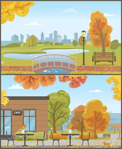 Parques de otoño con puente sobre estanque y acogedor café — Vector de stock