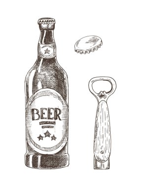 Bira ve üzerinde beyaz izole kap ile şişe açacağı