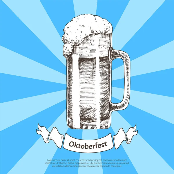 Büyük bira kupa kroki Oktoberfest şerit posteri ile — Stok Vektör