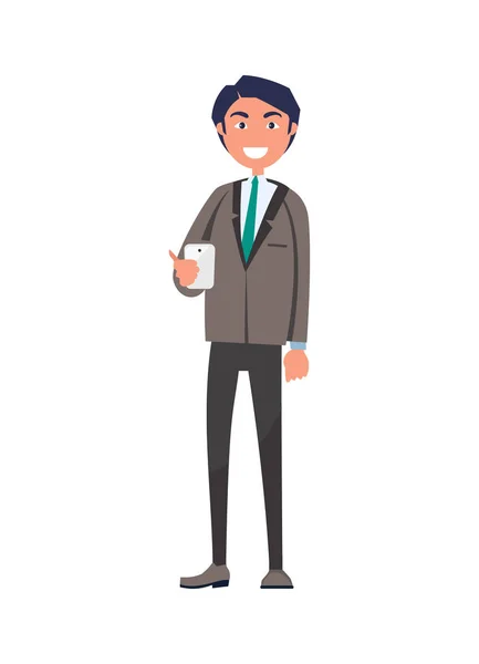 Hombre alegre en traje y corbata, Smartphone Vector — Vector de stock