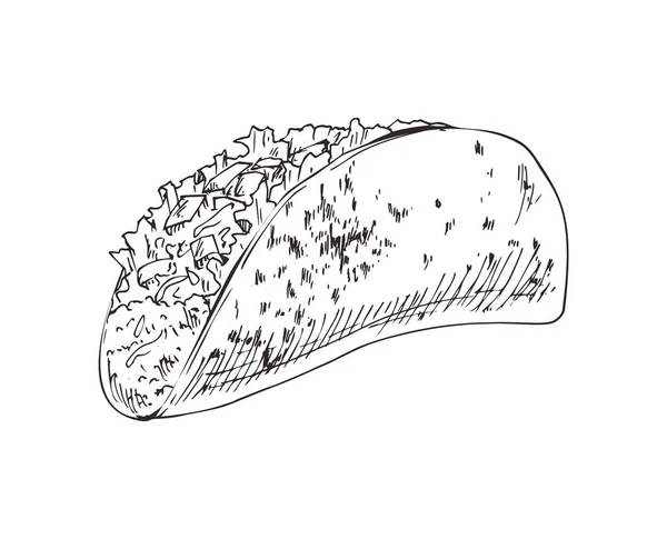 Taco Burrito Monocromo Dibujo Vector Ilustración — Vector de stock