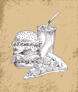 Fast Food Hamburger ve içki vektör çizim