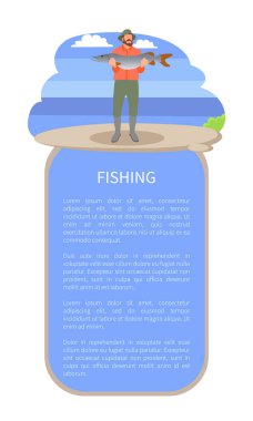 Adam ve taze balık balıkçılık vektör Poster yakalamak