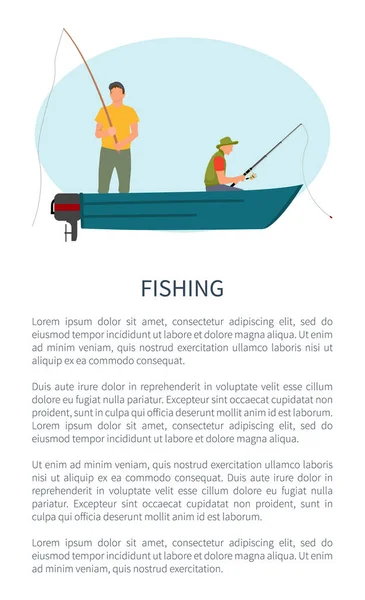 Fishing Man in Motorboat with Rod or Tackle Poster — Stock Vector