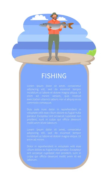 Guy och färsk fisk fånga fiskeri vektor affisch — Stock vektor