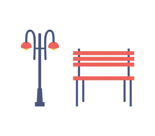 Pouliční lampy a lavice Cartoon izolované ikony — Stockový vektor