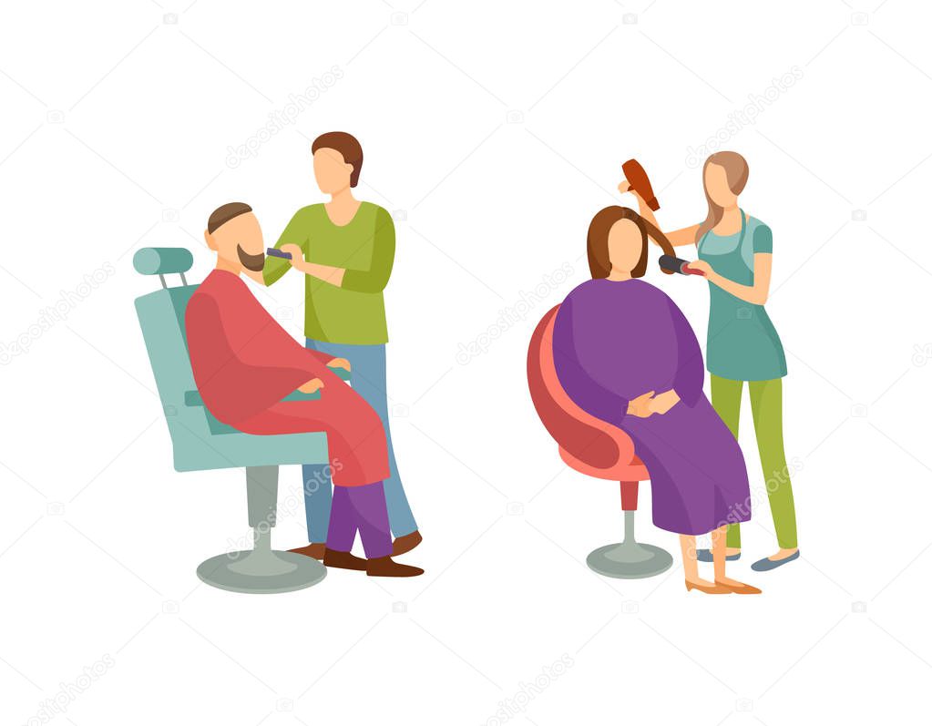 Spa Salon Woman and Man Barber Hairdresser Vector