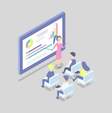 Kadına büyük dijital ekran sunu gösterir