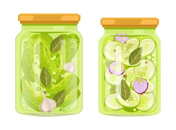 Pepinos en escabeche y calabacín con frascos de especias — Vector de stock