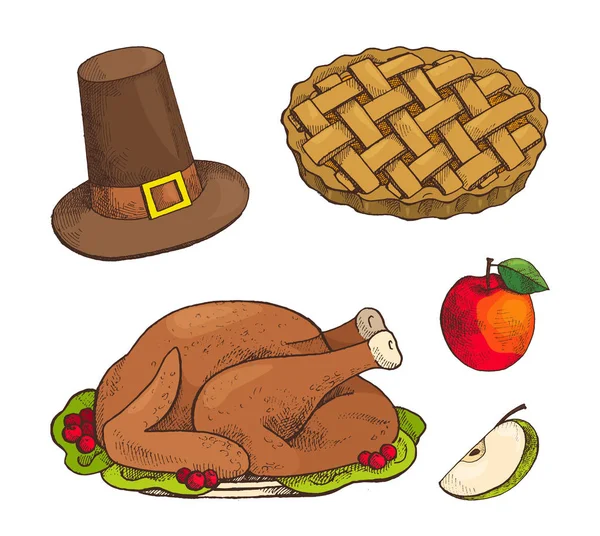 Turecko misky a upečený koláč s jablky nastavit vektor — Stockový vektor