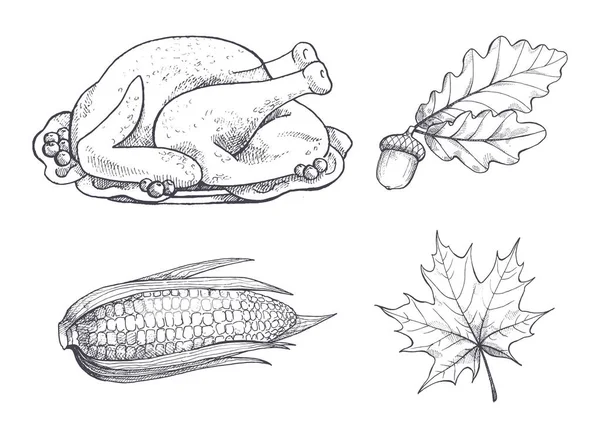 Туреччини блюдо і ескізи листя клена встановити вектор — стоковий вектор