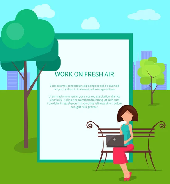 Work on Fresh Air Vector Banner Woman with Laptop — Stock Vector