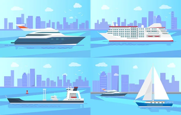 Schöne Schiffe auf der Wasseroberfläche Illustrationen gesetzt — Stockvektor