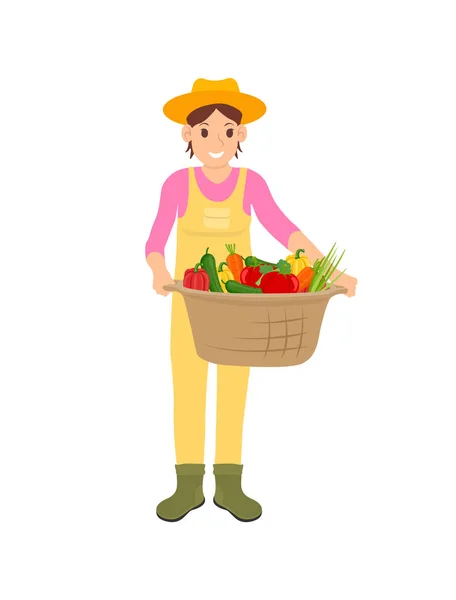Nő a gazdaság zöldségeket kosár vektoros illusztráció — Stock Vector