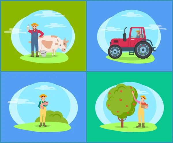 Agricoltore con mucca e maiale vettore Illustrazione — Vettoriale Stock