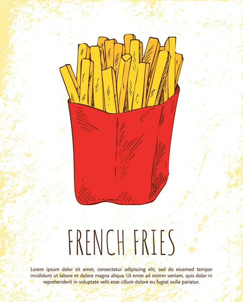 French Fries in Red Package Colorful Vector Card — Stock Vector