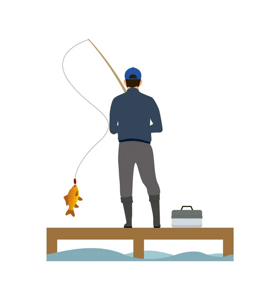 Placement en bois et pêcheur attrapant une bannière de poisson — Image vectorielle
