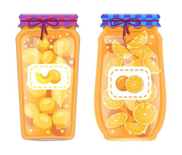 Naranjas y melocotones Conserva la comida en tarro Set — Vector de stock