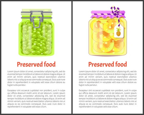 Banners de alimentos conservados con frutas y bayas — Vector de stock