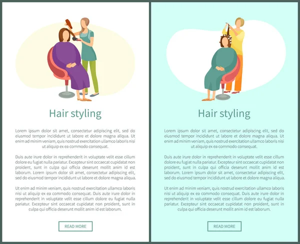 Włosów stylizacja plakat kobieta siedzi i Fryzjer — Wektor stockowy