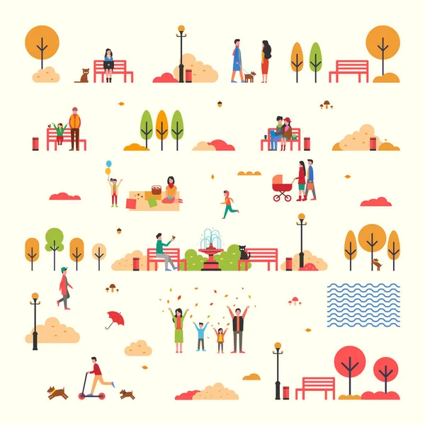 Autumn People Fall Trees Park Vector aislado — Vector de stock