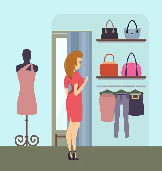 Shopping Femme Choisir sac à main en magasin vecteur — Image vectorielle