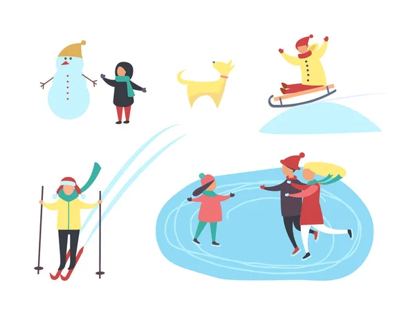 Skating and Skiing People in Winter Season Vector — Stock Vector