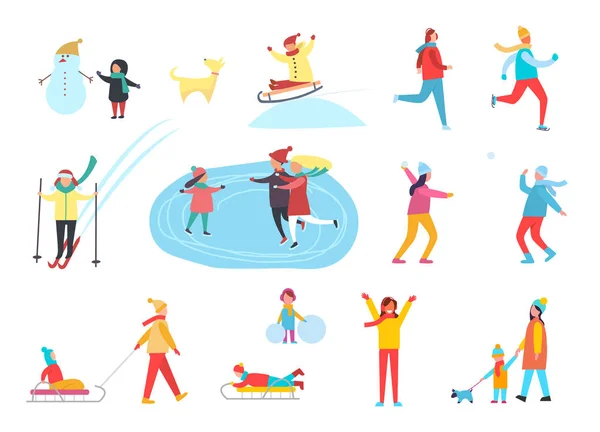 Vacaciones de invierno Personas activas Hobbies Set Vector — Vector de stock