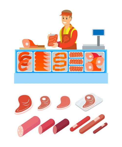 Supermarket Salesperson Butcher Department Vector — Stock Vector