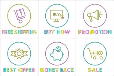 Online alışveriş, satış ve promosyon vektör simgeler