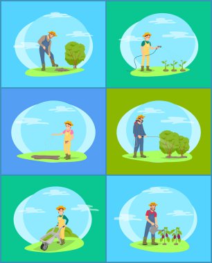 Çiftçi çalışma çiftlik ve Bahçe çizgi film afiş kümesi