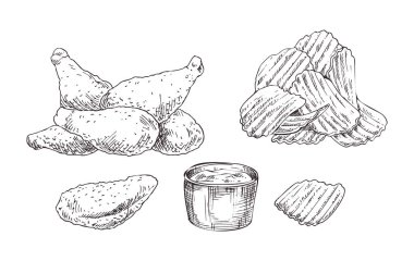 Tavuk Nuggets ve cips kroki tarzı Icon Set