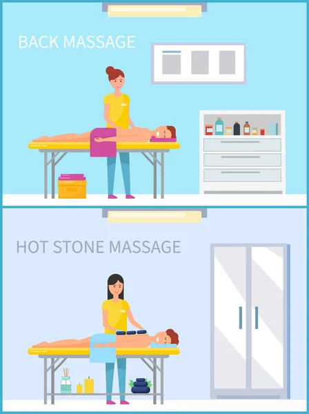 Pleców i gorący kamień Metoda masażu wektor zestaw — Wektor stockowy