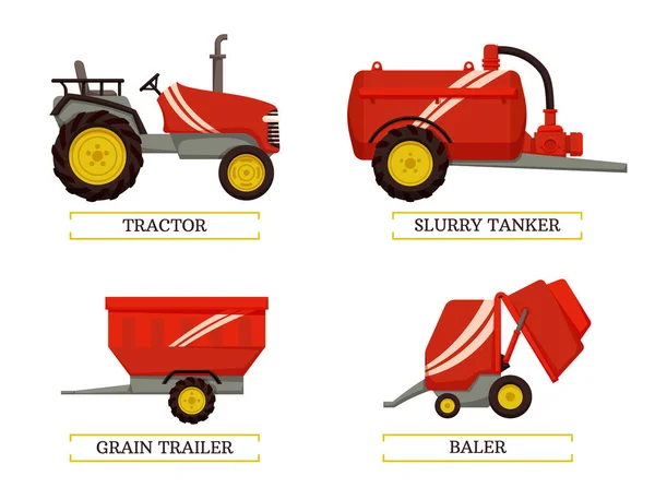 Zemědělské stroje Set, kreslené vektorové Banner — Stockový vektor