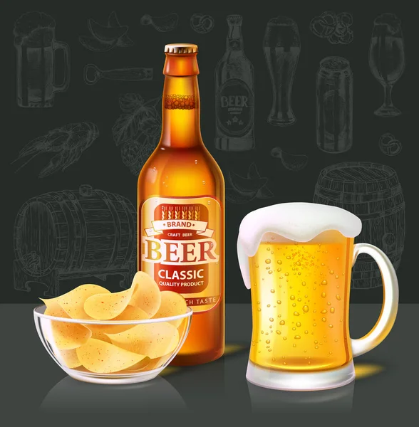 Beer Craft di Botol dan Mug dekat Chips Glass Bowl - Stok Vektor