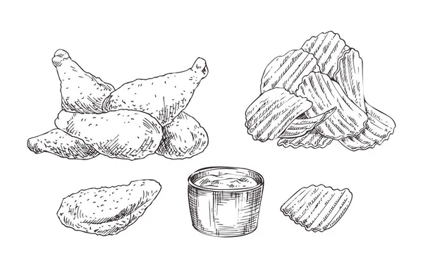 Conjunto de iconos de estilo de boceto de pepitas y chips de pollo — Vector de stock