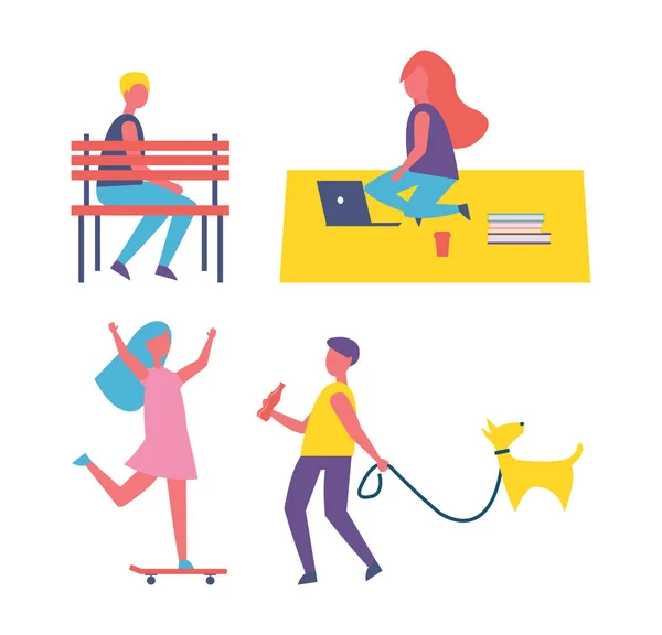Hombre paseando perro mascota iconos Vector ilustración — Vector de stock