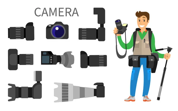 带镜头、摄影师和设备图标的相机 — 图库矢量图片