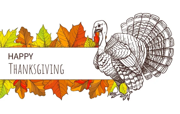 Cartel de Acción de Gracias con Turquía y hojas de otoño — Vector de stock