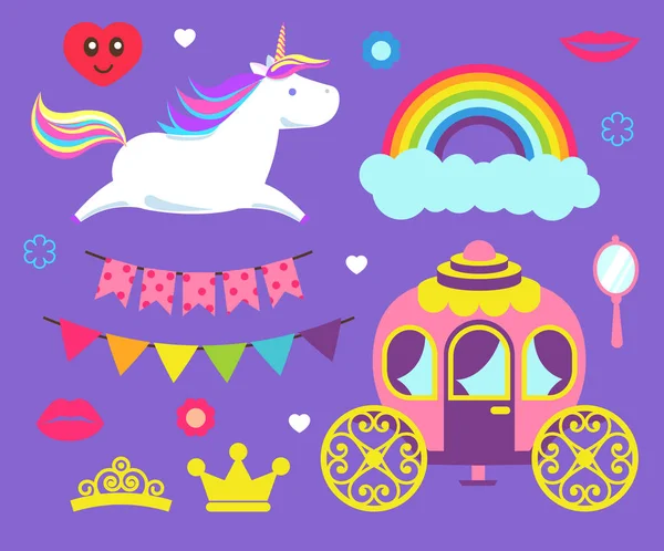 Unicorn dan Rainbow Princess Party Set Vector - Stok Vektor