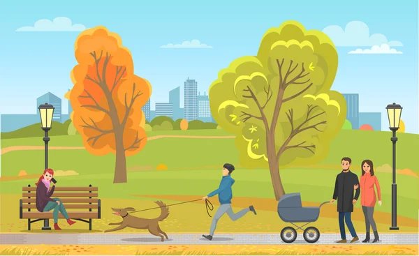 Animaux de compagnie avec propriétaire et famille dans Autumn Park Vector — Image vectorielle