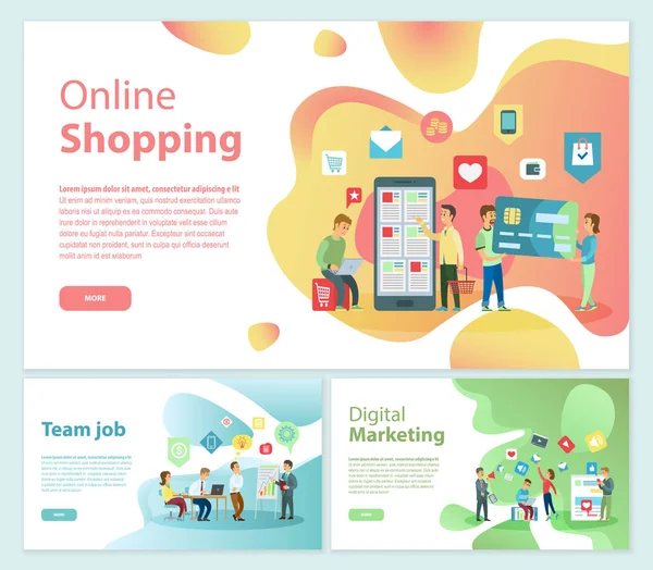 Equipo de compras online Afiches de empleo Conjunto de texto Vector — Vector de stock