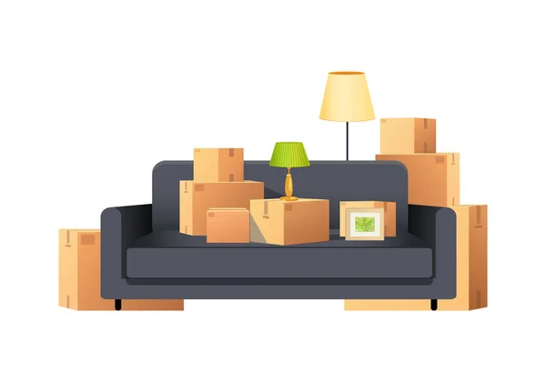 Box Carton Parcels Packs with Sofa and Lamp Vector — Stock Vector