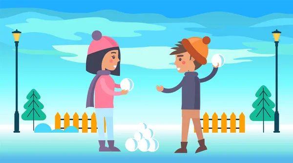 Glückliche Jungen und Mädchen laufen, um Schneebälle zu spielen — Stockvektor