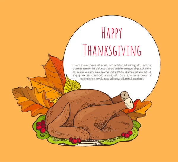 Happy Thanksgiving Affiche avec la Turquie sur plaque — Image vectorielle